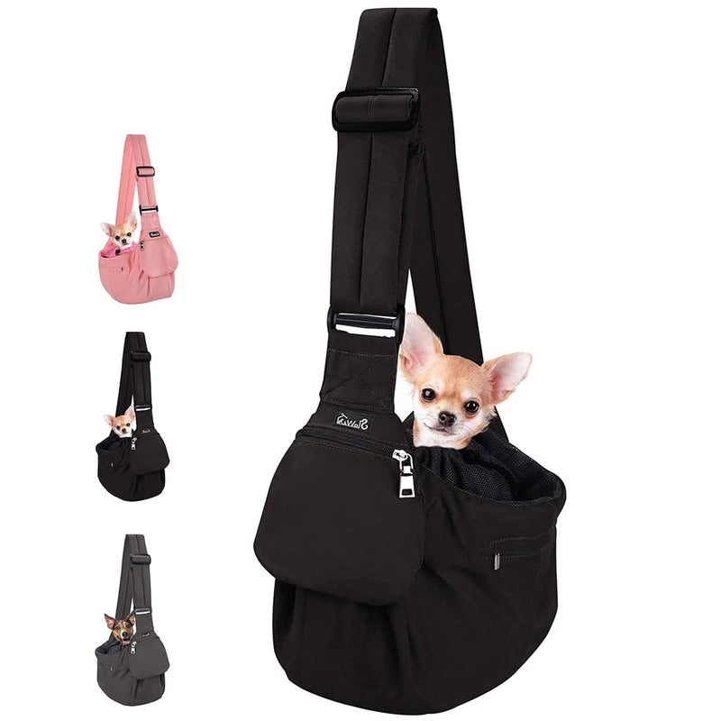 Lukovee Dog Sling Carrier, Hard Bottom Support & Adjustable Soft Padded Shoudler Strap Dog Slings for Small Dogs, Dog Purse with Drawstring Mesh Opening & Zipper Pockets for Puppy Cat Pet (Black) - Image 1